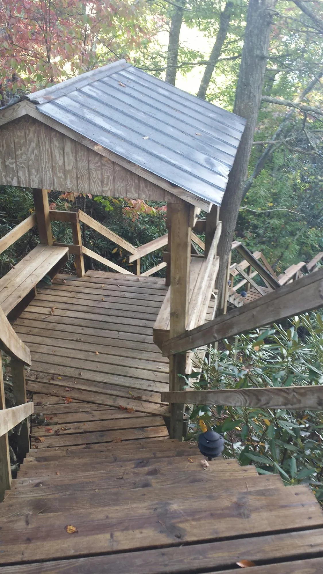 Metal roofed shelter over wooden steps on a wooded walkway — Skylight Repair & Installation work by our crew in Jamestown